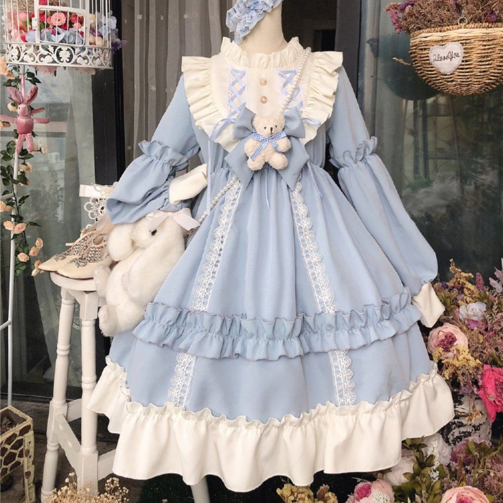 CoCo Bow Bear Lolita Dress | Women Maid Tea Party Cosplay Costume Ruffle Dress